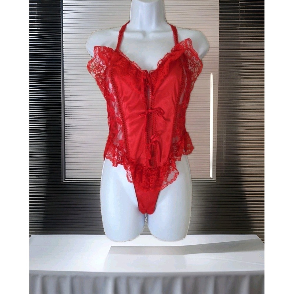 Stroke Of Midnight Red Teddy M Lace Trim Tie Front Bodysuit Sexy Lingerie‎ Vtg